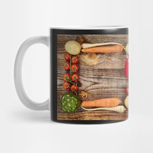 Vegetables frame on wooden board Mug